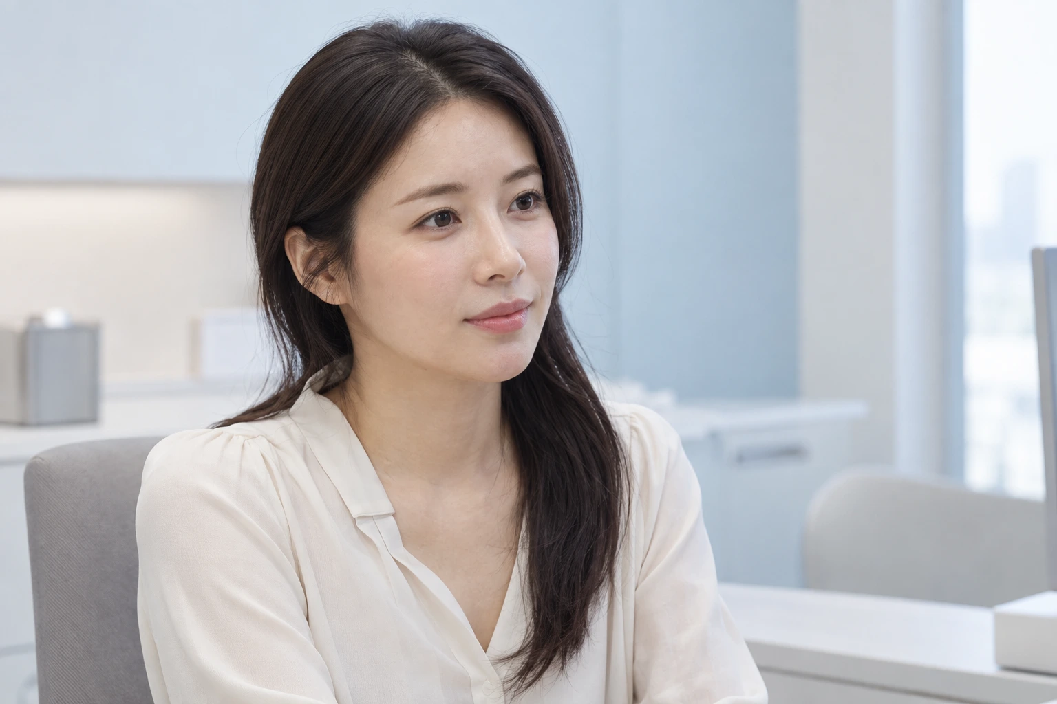 눈꼬리 모양에 관한 상담을 준비하는 가상의 성인 여성