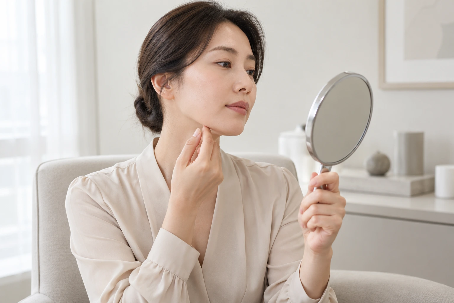 거울로 턱선과 목의 윤곽을 살펴보는 가상 성인 여성