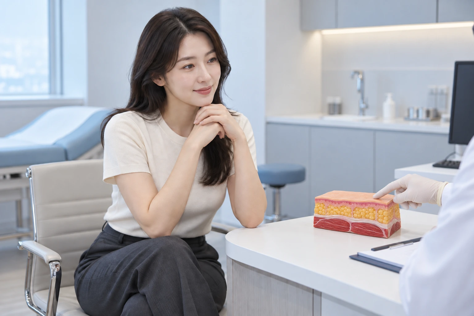 복부 교육 모형을 보며 피부 탄력 관리에 관해 상담하는 가상의 성인 여성