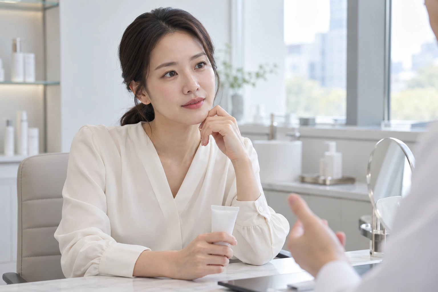 사용 중인 피부 제품을 가지고 상담하는 가상의 성인 여성