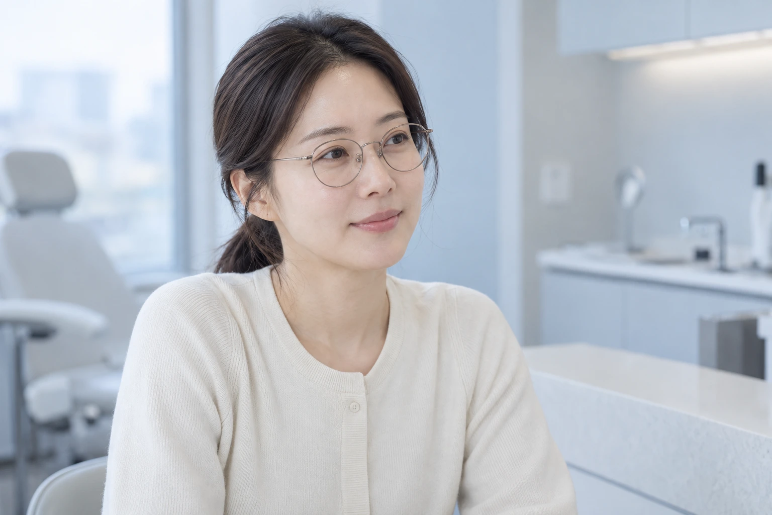 안경을 착용하고 차분하게 상담을 준비하는 가상의 성인 여성