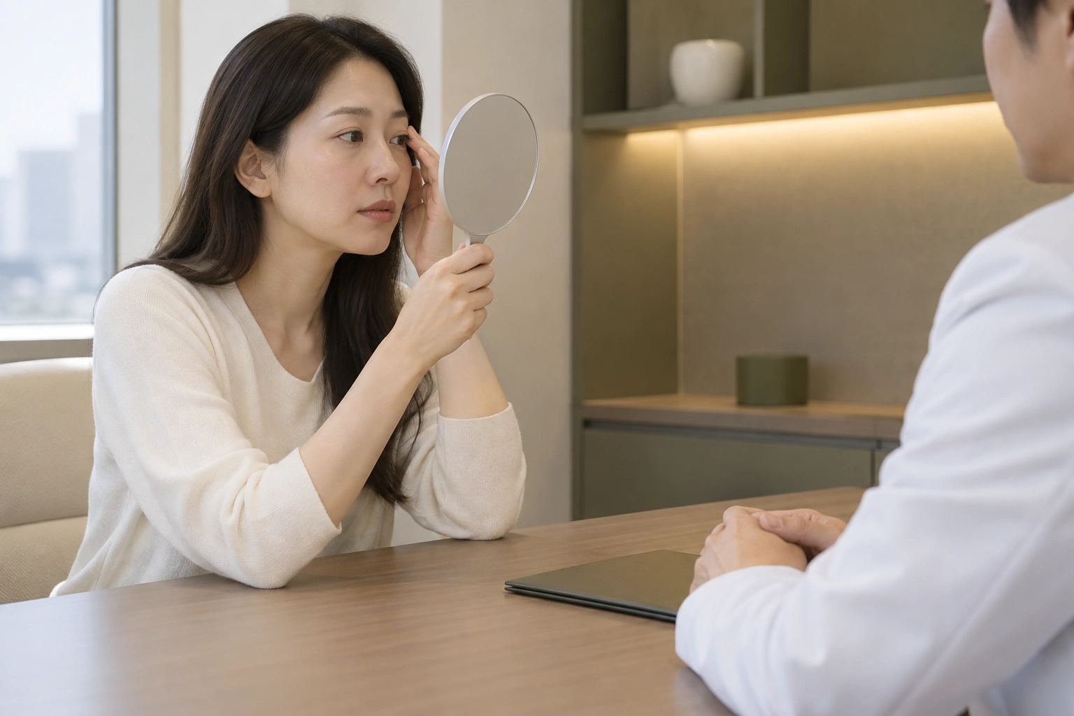 거울로 눈꺼풀 고민을 설명하는 상담 장면의 AI 이미지