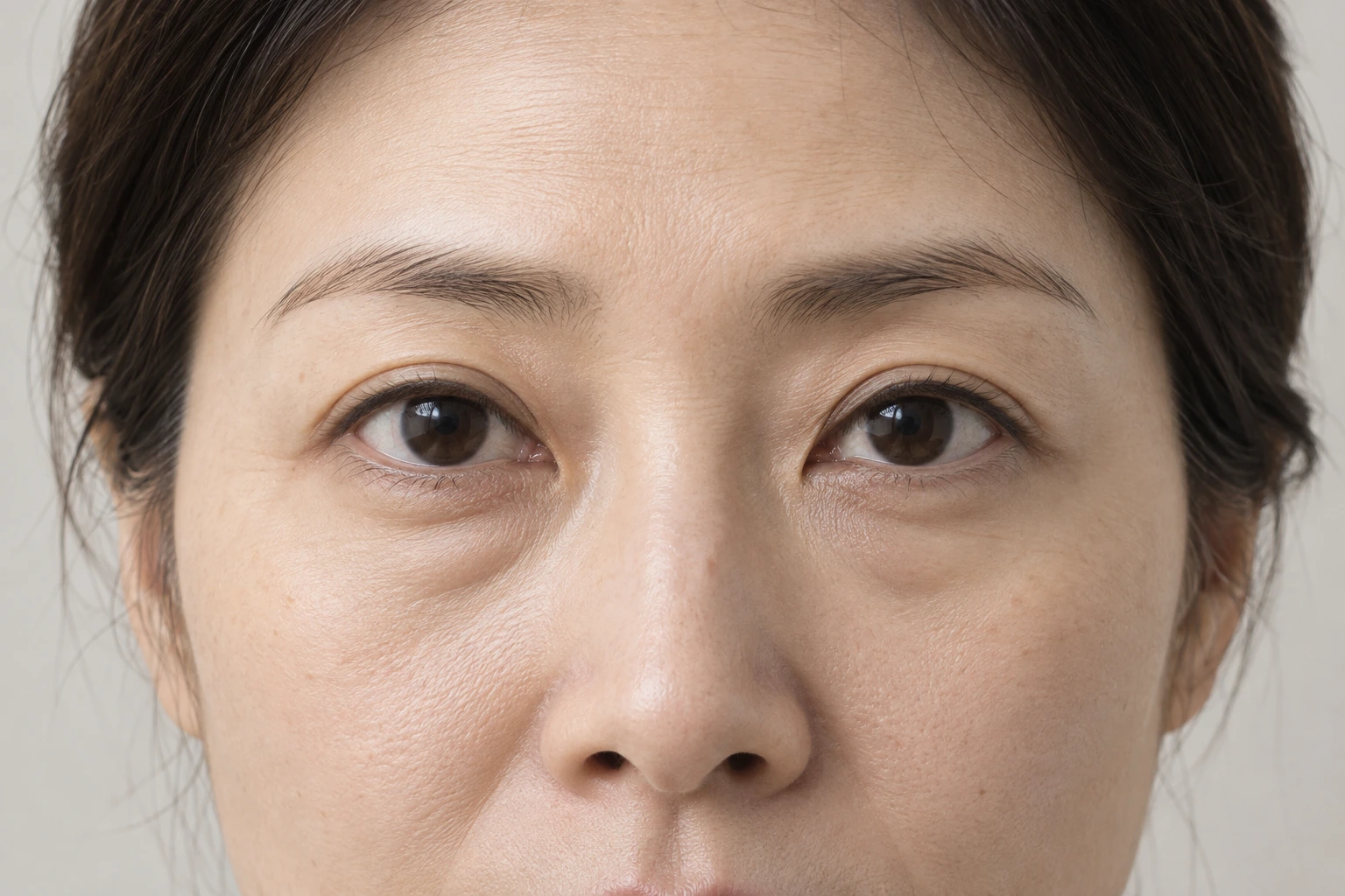 눈밑의 고랑과 볼륨을 정면에서 관찰하는 AI 생성 설명 이미지