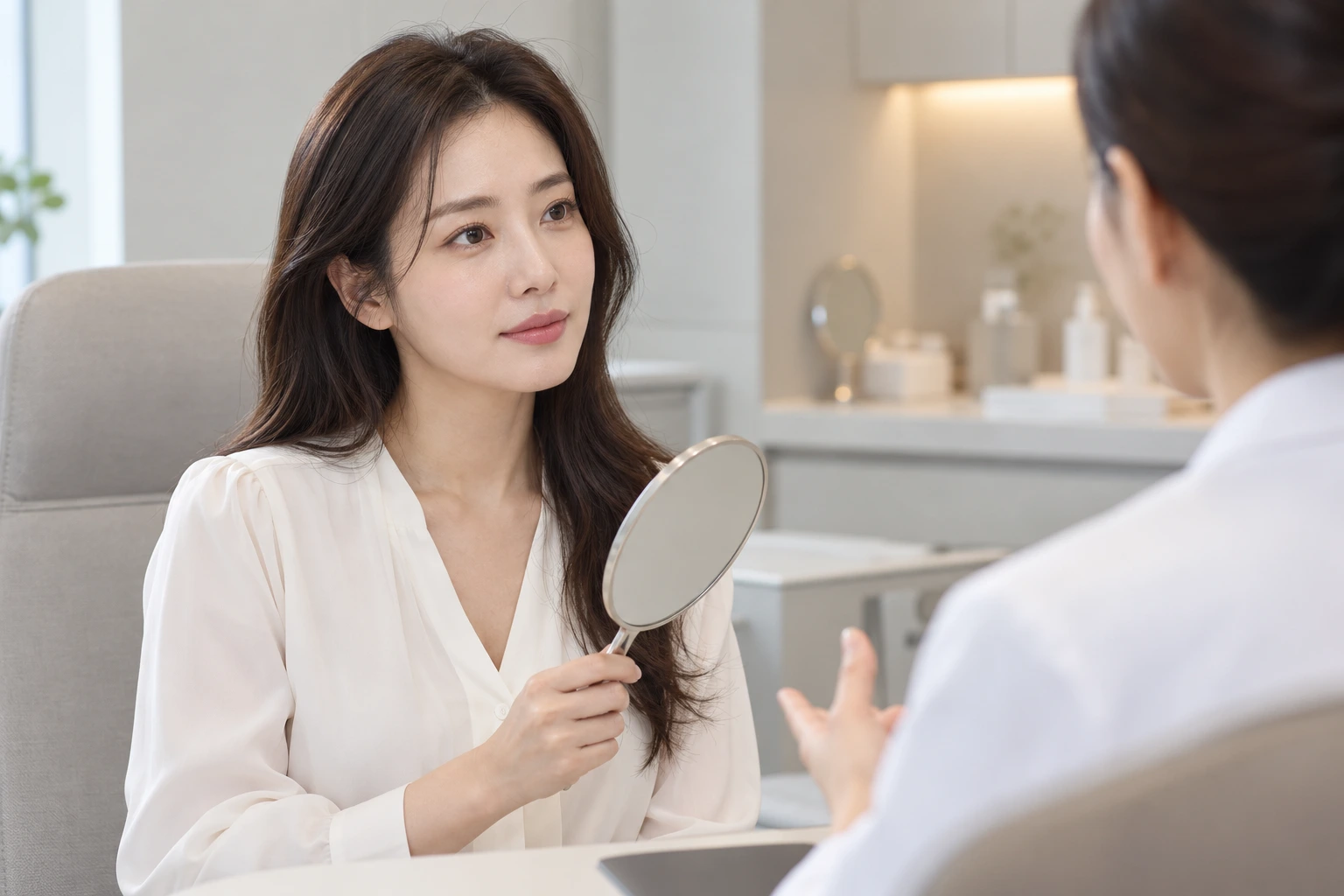 거울을 보며 얼굴의 변화와 이전 시술 이력을 상담하는 가상 성인 여성